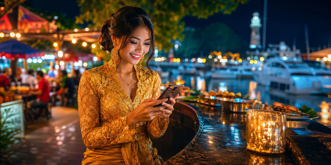 Pengguna wanita Langkawi berpakaian kebaya menggunakan kasino mudah alih terbang777